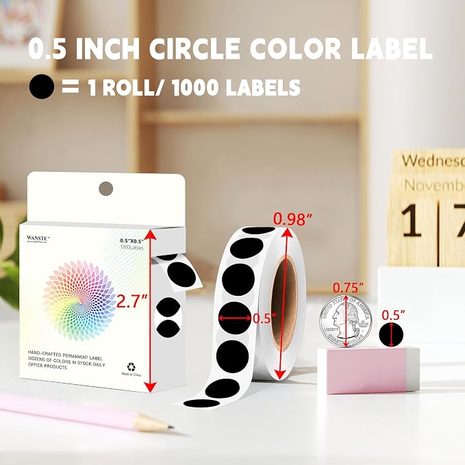 1000 PCS Colored Dot Stickers 1/2" Round Circle Colored Coding Labels Dot Stickers for Toddlers,Classroom,Office (Black)