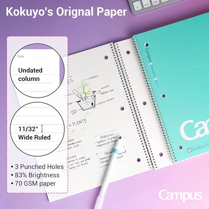 KOKUYO Spiral Notebooks, 3 Pack 10-1/2" x 8" Lined Notebooks Wide Ruled | Campus Subject Notebooks, 80 Sheets, 3 Holes School Japanese Ring Journal for Work Study Note Taking, Purple Orange Turquoise