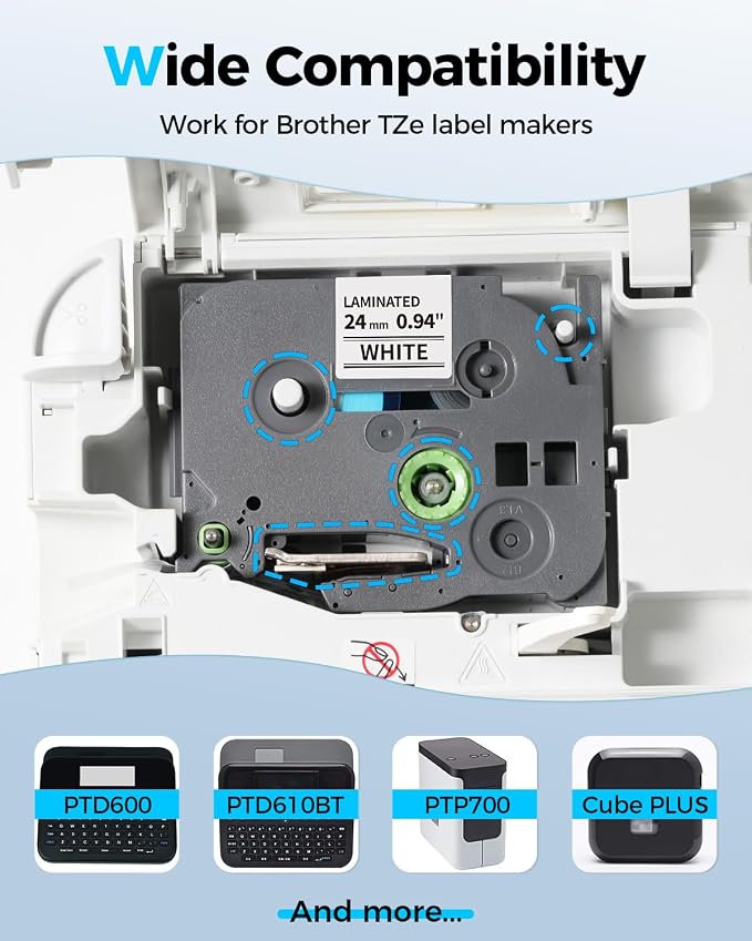 TZ Tape 24mm 0.94" Laminated White TZe-251 TZe251 | Replacement for Brother Label Maker Tape 24 mm 1 Inch P-touch Refills for PT-D610 D610BT P700 P710BT Cube Plus, 5-Pack