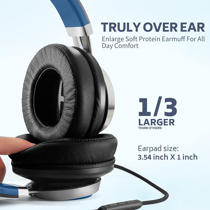 AC01 Over-Ear Headphones Wired with Mic Volume Control, Black Blue | Passive Noise Isolating Corded Stereo Headsets for Adults Teens Kids 3.5mm for School, Chromebooks, Laptop, Tablets, Travel