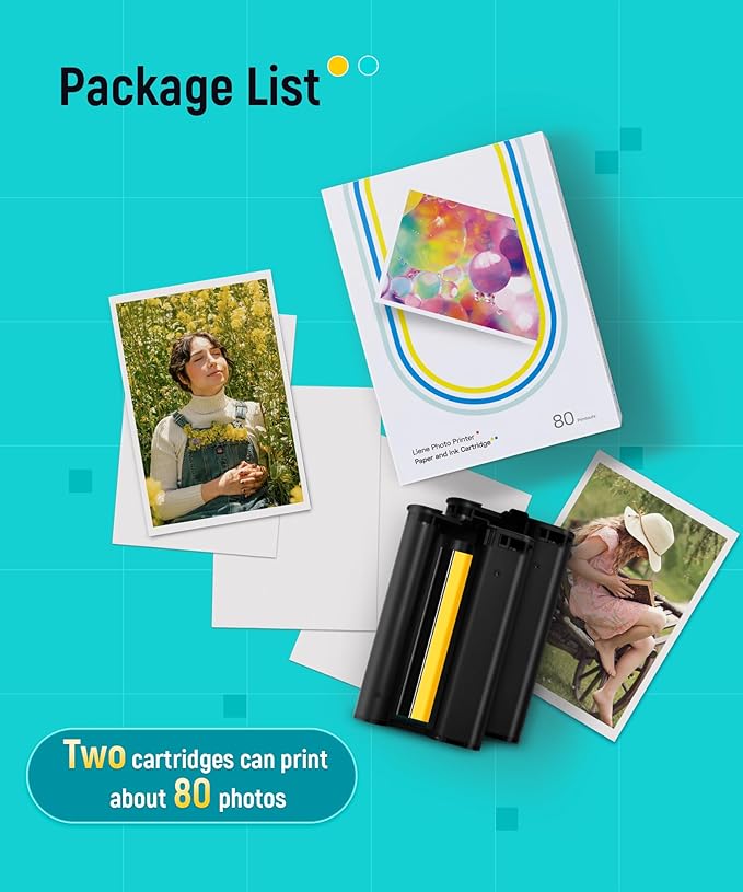 Liene Amber M100/M200/M110/M210 4x6" Photo Printer 80 Sheets Photo Paper & 2 Ink Cartridges Refill, Dye Sublimation, Only for Liene DHP512/DHP513/DHP514/DHP515 Printer, for Display, Framing, Scrapbook