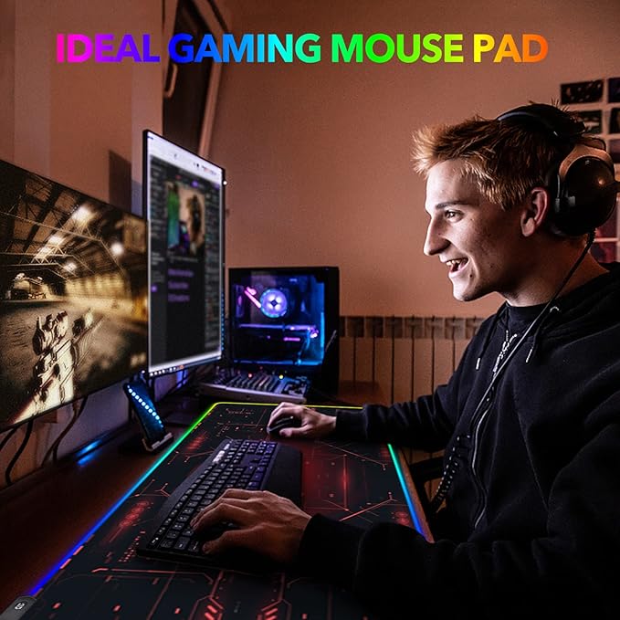 AIMSA Large Gaming Mouse Pad RGB, Keyboard Led Mousepad Extended 35.4 x 15.8 inch Non-Slip Rubber Base with 14 Lighting Modes Desk Mat, Red Circuit Board Motherboard