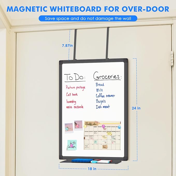 Maxtek Black Magnetic Dry Erase Board for Door 24 x 18 in | No-Drill Adjustable Long Arm Hook Mount, Portable Hanging Whiteboard For Home, Dorm, Office, Cubicle And Small Spaces