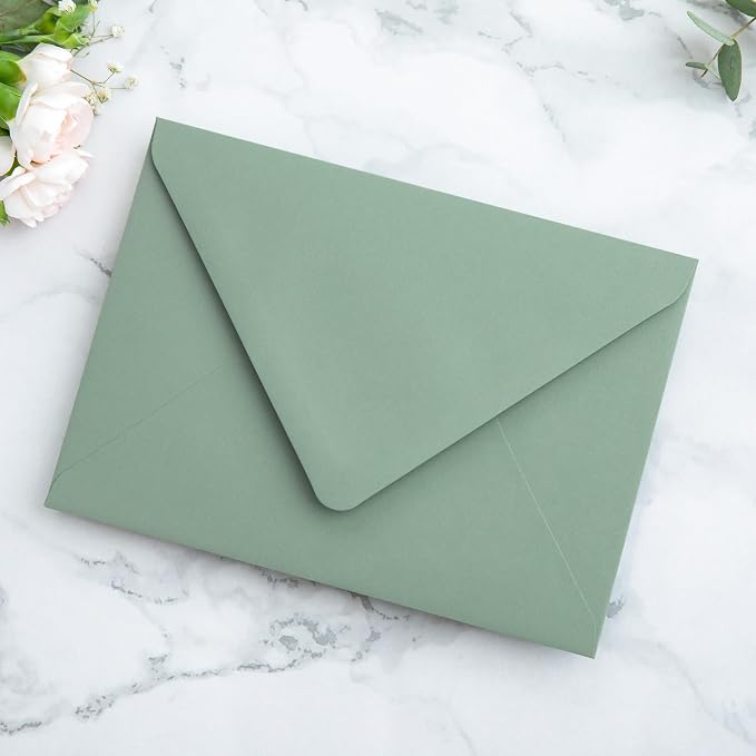 PONATIA 50PCS A7 Euro Flap Envelopes, 5.25 x 7.25'' Liner Envelope For 5x7'' Weddings Invitation Cards, Christmas Gift Cards, Acrylic Invitations, Photos (Sage Green & Green Leaves)