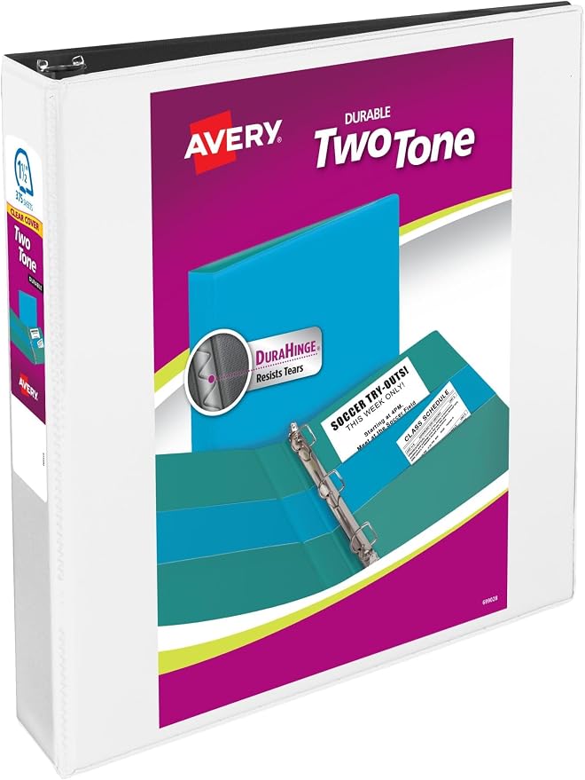 Avery Two-Tone Durable View 3 Ring Binder, 1.5 Inch Slant Rings, White/Black Binder (17287) (Pack of 6)