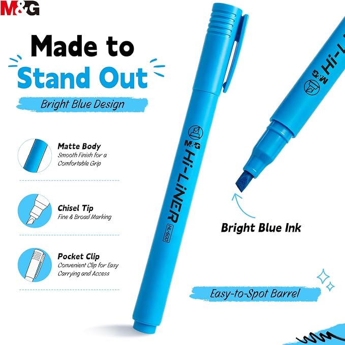 M&G Liner Highlighters, 12-Count Pack Blue Highlighters, Chisel Tip No Bleed Highlighter Pens for Office Documents, Planning, and Everyday Organization