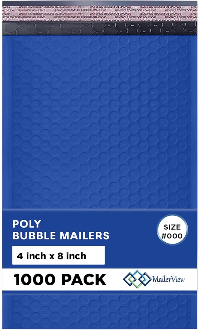 Royal Blue Bubble Mailers 4x8, Poly Padded Envelopes #000, 1000 Pack | Fits Trading & Sports Cards, Self-Seal Closure, Cushioned Protection, Water-Resistant Poly, Bulk Pack