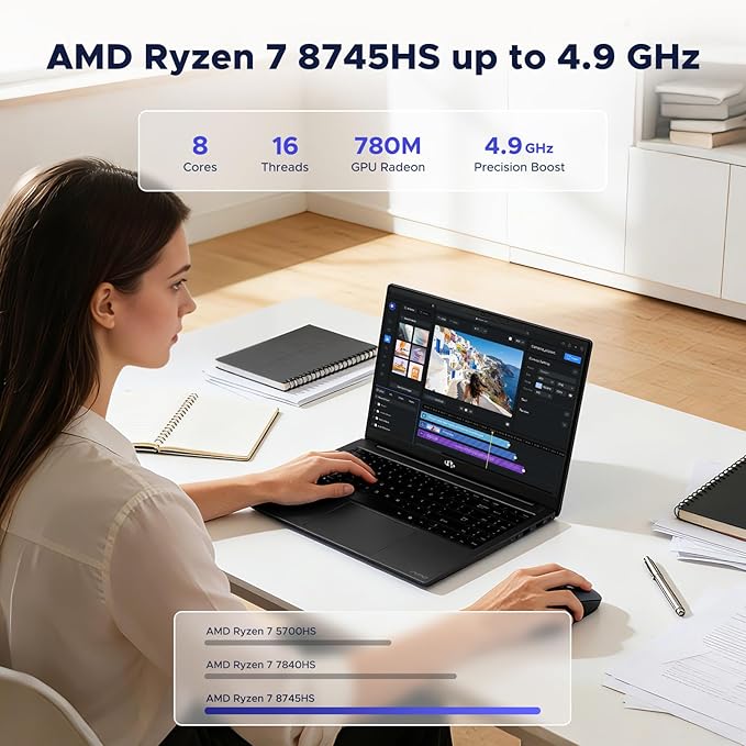 NIMO 15.6" IPS FHD Light-Gaming-Laptop, AMD Ryzen 7 8745HS 16GB DDR5 RAM 1TB SSD (8C/16T, up to 4.9 GHz Beat R9 7940HS) Radeon 780M GPU 100W Type-C Backlit Keyboard Fingerprint, for Students & Gamers
