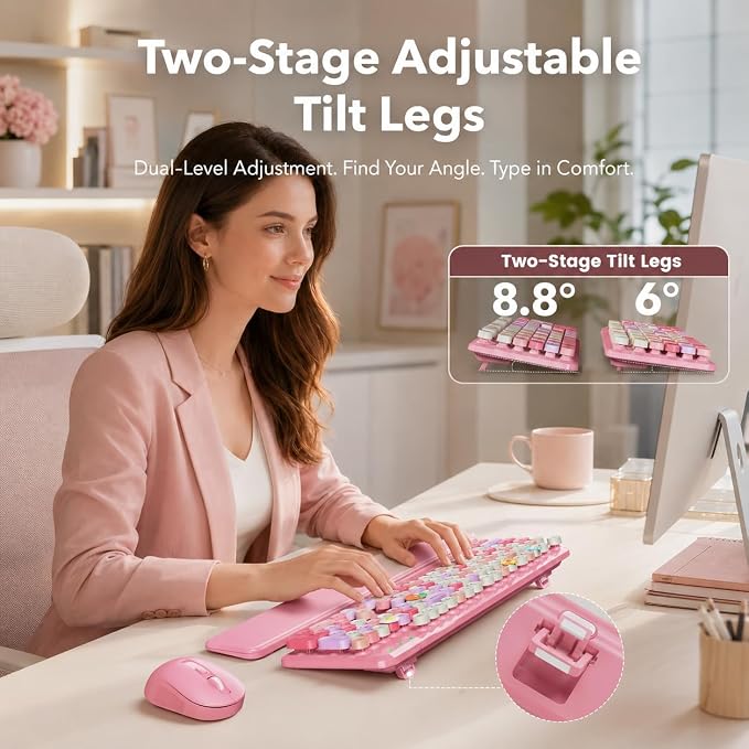 Wireless Keyboard and Mouse Combo, Retro Typewriter Style Keyboard with Round Keycaps, Magnetic Wrist Rest, Full-Size 2.4GHz Cordless for Mac, Windows PC, Laptop, SABLUTE CK23, Cotton Candy Pink
