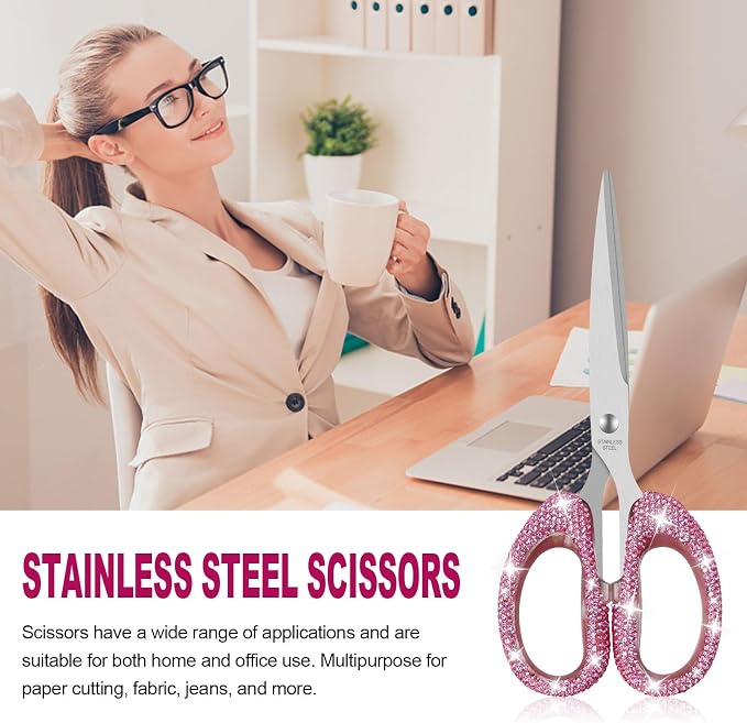 MultiBey 7.7" Rhinestone Cute Scissors, Pink | Cute Sparkly Rhinestone Scissors with Stainless Steel Blades | Aesthetic Craft Shears for Scrapbooking, Journaling & Office