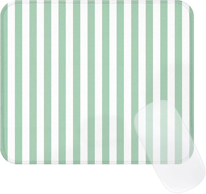 Square Cute Striped Mouse Pad with Stitched Edge, Premium Waterproof Cloth Aesthetic Small Stripe Mouse Mat, Non-Slip Rubber Base Funny Mousepad Desk Accessories,Striped Green White