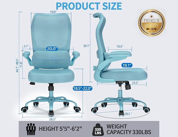 TRALT Office Chair Ergonomic Desk Chair - Gaming Chair with Lumbar Support | 330 LBS Home Office Desk Chairs , Reading Chair with Flip-up Armrests, Comfortable Computer Chairs (1, Blue)