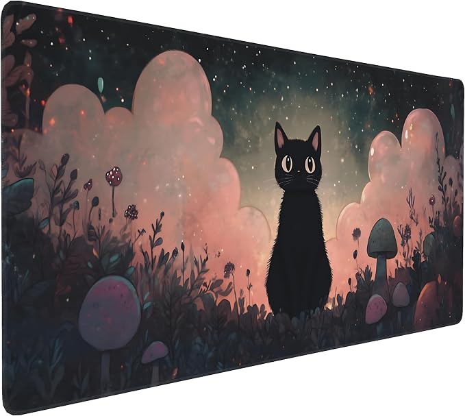 Cute Anime Black Cat Gaming Mouse Pad, Blue Pink Dreamy Desk Mat with Anti-Slip Base & Stitched Edges, Office Supplies & Desk Decor for Women, 35.4" x 15.7" in Home Office Essentials
