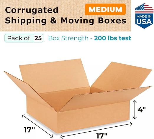 Medium Shipping & Moving Boxes 17"L x 17"W x 4"H (25-Pack) - Extra Strength 200 lb vs Regular - Corrugated Packing Boxes for USPS/UPS/FEDEX - Heavy Duty Moving Box - Carton Box by IDL Packaging | Extra Strength 200 lb vs Regular - Corrugated Packing Bo...