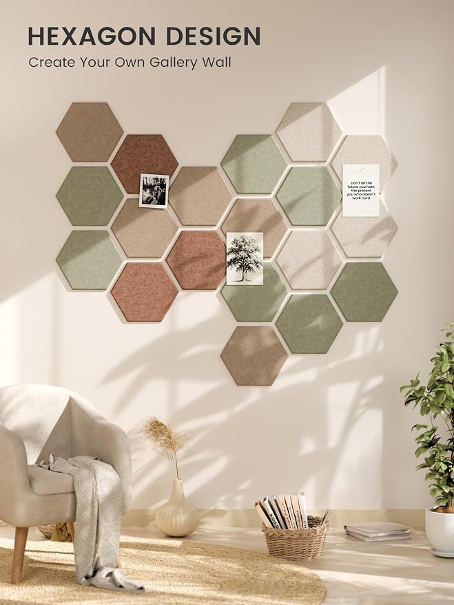 Fluxynara 8-Pack Hexagon Felt Bulletin Board Tiles, Boho-1 | Cork Board Alternative with 50 Adhesive Tabs for Notes, Photos and Reminders in Home Offices, Dorm and Classrooms