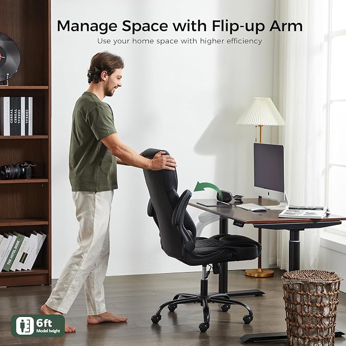 amseatec Big and Tall Office Chair, Flip-Up, Executive Desk Chair, Black | Ergonomic Leather High Back, Lumbar Support, 90 °Lock, 115° Tilt, 20 Spring Packs, 300lbs Capacity, Wide Seat/Smooth Casters