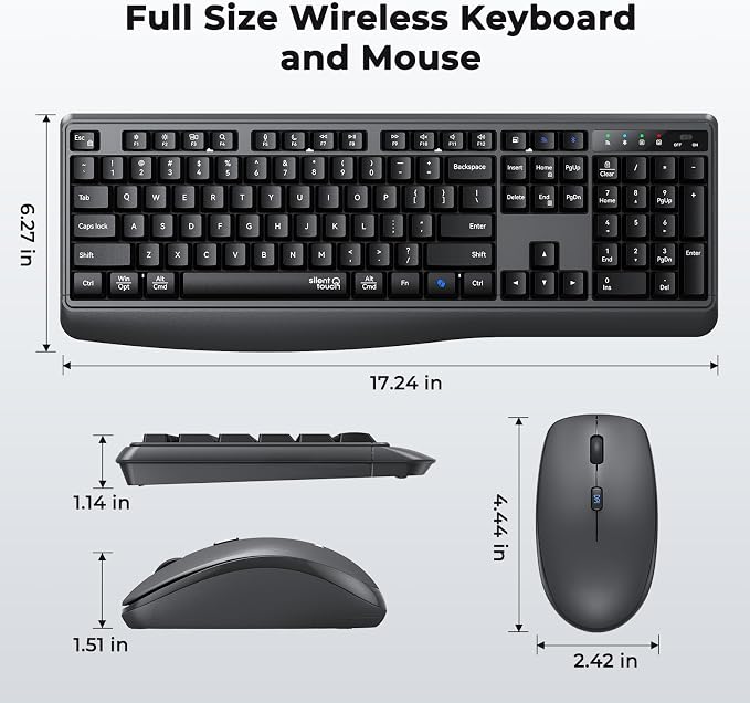 MEETION Wireless Keyboard Mouse Combo, Silent Full-Size Design, Black | Quiet keyboard with wireless optical mouse, adjustable DPI control, ideal for work, home use and multiple computer setups