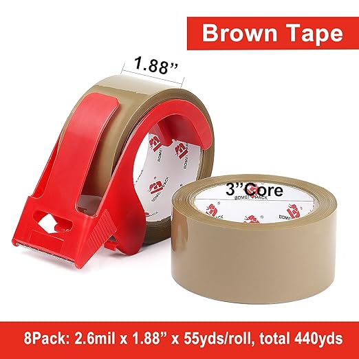 BOMEI PACK Heavy Duty Brown Packing Tape with Dispenser, 2.6 mil, 1.88 inch x 55 Yards 8 Pack, Ultra Strong, Refill for Industrial Shipping Box Packaging Tape for Moving, Office, & Storage
