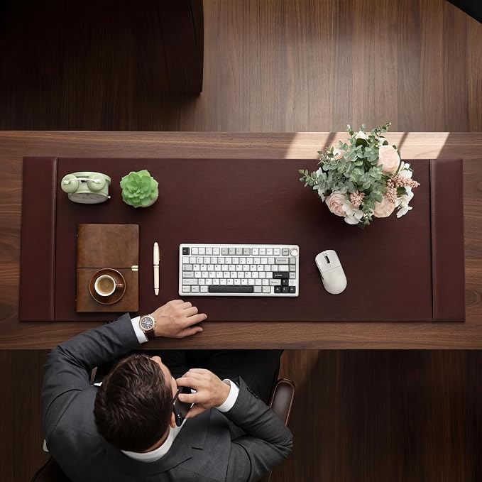 47.2 x 17 Inch Leather Desk Pad with Side Rails Mat, Brown | Executive Office Desk Mat, Smooth Writing Surface, Desktop Protector Covers Mouse Keyboard, Elegant Gift, Men Dad Husband