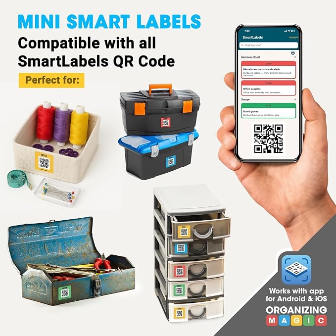 SmartLabels Small QR Code Stickers | Mini 1.5-Inch Labels with AI Photo Analysis App | Auto-Create Item Descriptions | No Typing | US-Made | Storage, Inventory Tracking, Organization & Moving, 48-Pack