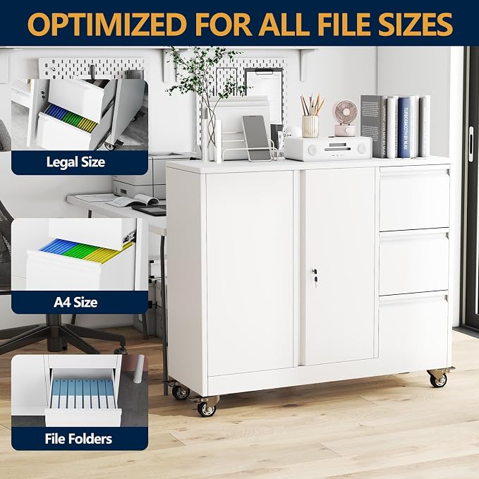 3 Drawer File Cabinet, Office Mobile Filing Cabinet, Printer Stand | All-in-One Office Storage, 3 Storage Drawers, 2 Adjustable Shelves, Lockable Cabinet, 4 Casters, 46.5-Inch Top