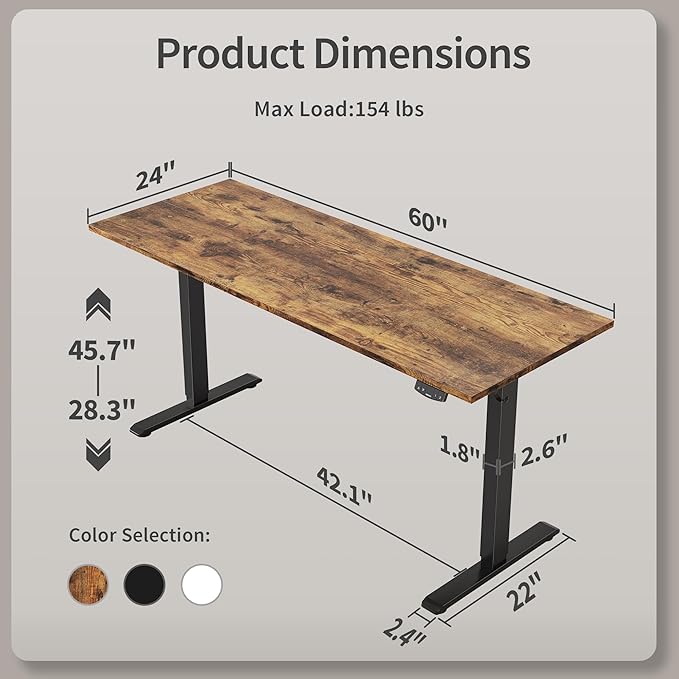 Agilestic Electric Standing Desk, 60 x 24 Inches Height Adjustable Desk, Sit Stand up for Work Office Home, Ergonomic Rising Computer Table with Memory Preset, Rustic Brown