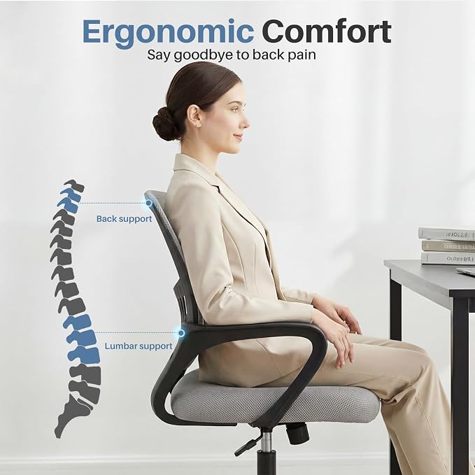 DUMOS Home Office Chair, Ergonomic Lumbar Support Desk Chair | Mid Back Mesh, Height Adjustable Fixed Armrest, Rocking Mode 360 Swivel, Conference Computer, Grey