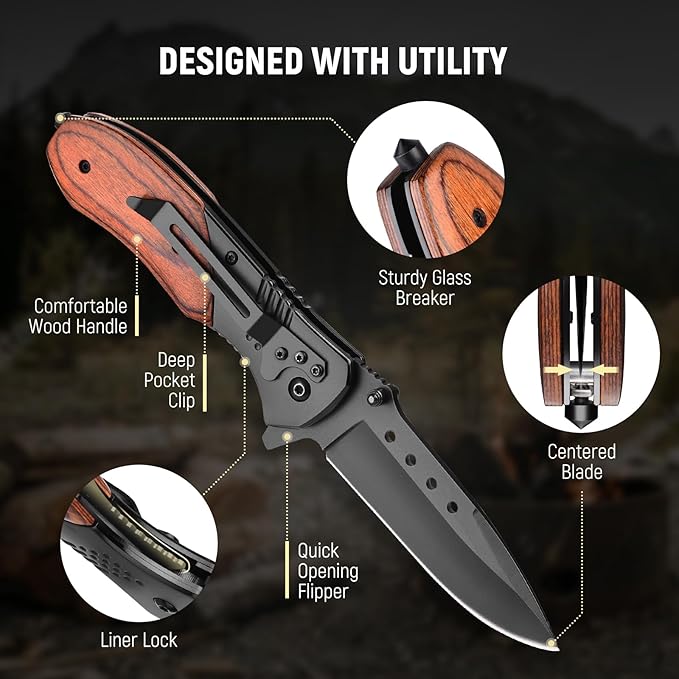Pocket Knife for Men - Sharp Blade Wood Handle Pocket Folding Knives with Clip, Glass Breaker - EDC Knives for Survival Camping Hunting Fishing Hiking Women, Large, Black