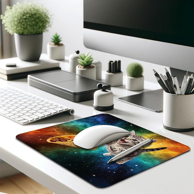 Adorable Space Cat Chasing Taco Mouse Pad, Rainbow Galaxy Durable Desk Mat | Funny Design, Cute Mousepad Stitched, Anti-Slip Base Smooth Surface, 9.5 x 7.9 Inches