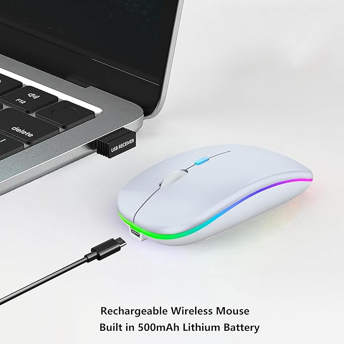 Wireless Bluetooth Mouse Rechargeable Laptop Mice with LED Lights Silent Slim Use(BT5.2 & USB 2.4G Portable Receiver) Dual Mode Computer Mouse for Laptop/iPad/Tablet/Apple/Computer/Mac(White)