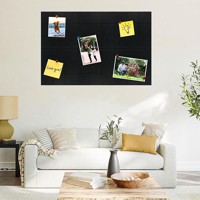 Large Square Felt Cork Board Tiles, Self Adhesive DIY Felt Bulletin Board Pin Board with 35 Pushpins for Office School Home Wall Decor Stickers Memos Photos Display (Black)