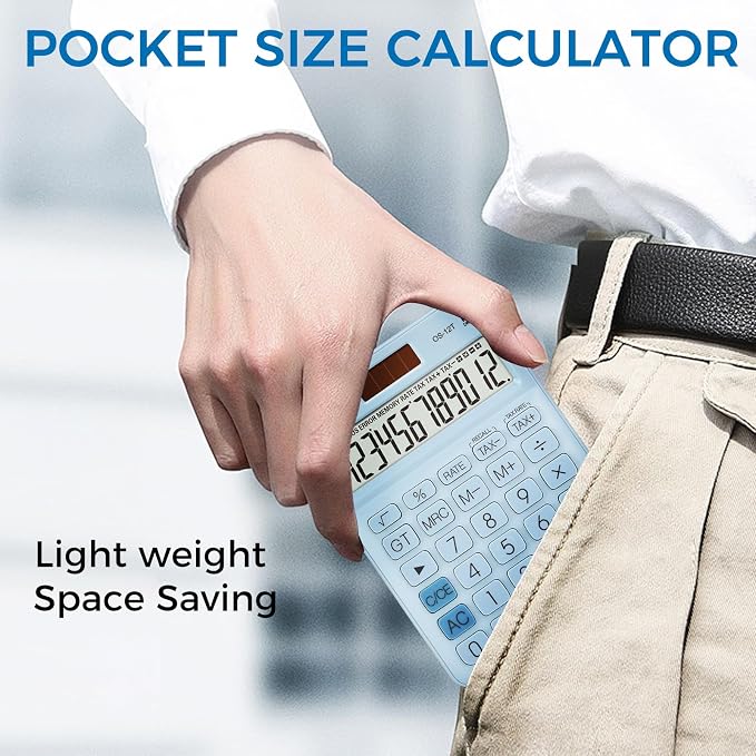 Pendancy Blue Small Calculator, 12-Digit LCD, Big Buttons, Dual Power | Pocket Desk Calculator for School and Office, Large Display, Solar & Battery, 30° Tilt, Tax, GT/MU, Symbols, 8-Min Auto-Off