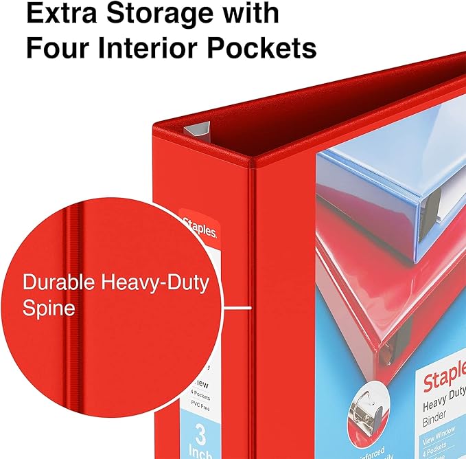 Staples Heavy-Duty 3-Inch D-Ring View Binder, Holds Up to 600 Sheets, Reinforced Spine, Red, for Office, School & Home