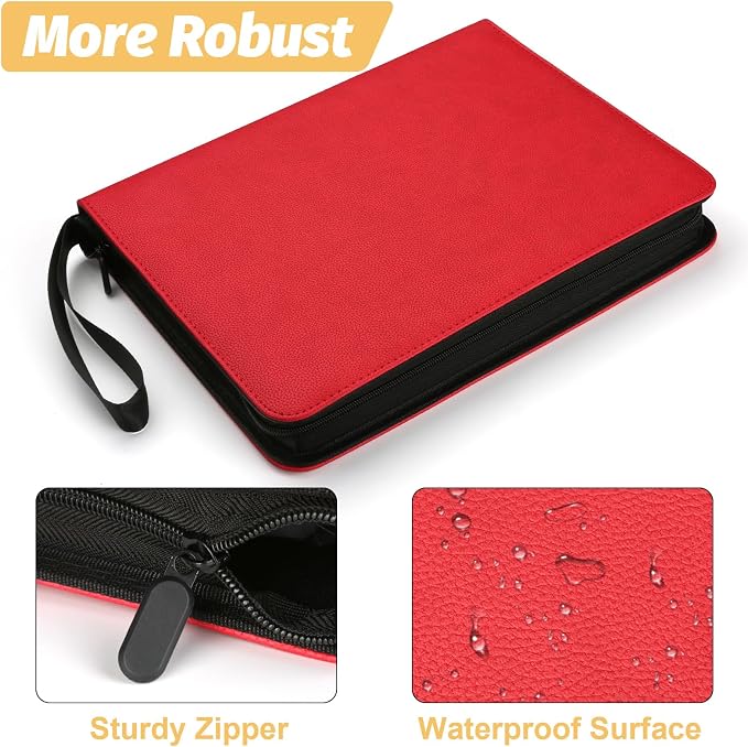 GERMUN 3 Ring 9 Pocket Zipper Card Binder, 720 Double Sided Standard PU Trading Card Album Folder for TCG & Sports Cards, Not Fit Top Loaders (red)