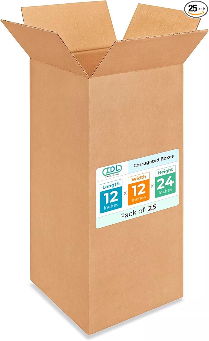 Tall Moving & Shipping Boxes 12"L x 12"W x 24"H (25-Pack) - Extra Strength 200 lb vs Regular - USA-Made Corrugated Boxes for Packaging Moving - Cardboard Corrugated Packaging Box by IDL Packaging