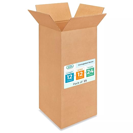 Tall Moving & Shipping Boxes 12"L x 12"W x 24"H (25-Pack) - Extra Strength 200 lb vs Regular - Corrugated Boxes for Packaging Moving - Corrugated Packaging Box - Box Cardboard by IDL Packaging | Extra Strength 200 lb vs Regular - Corrugated Box for Pac...
