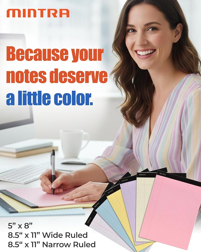 Mintra Office Colorful Legal Pads - Includes 2 Blue, 2 Pink, and, 2 Green Writing Pads, Micro Perforated Lined Sheets, Ideal for Professional & Personal Use, 8.5"x11" Narrow Ruled, 6 pack Pastel Set 2