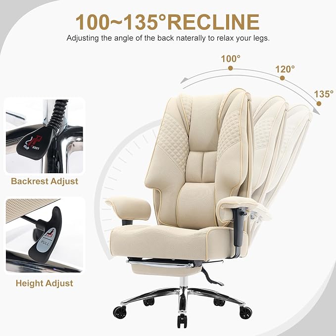 Big and Tall Office Chair 400lbs Wide Seat, Leather High Back Executive Office Chair with Lumbar Support, Ergonomic Chairs Padded Armrests & Thick Cushion (Mesh Beige)
