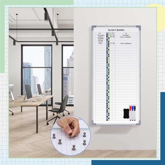 in and Out Magnetic Dry-Erase Board 36 x 18 Aluminum Framed White Board with Lines 53 Names with Magnetic Dry-Erase Marker, Eraser, and 55 Magnets Wall-Mounted for Office Employee