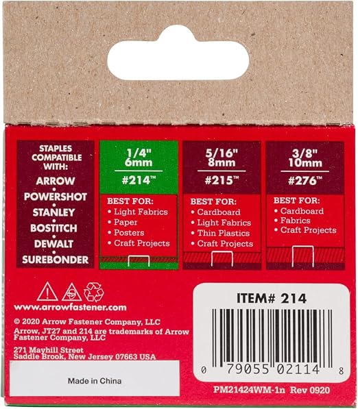 Arrow 214 JT21 Thin Wire Staples for Staple Guns and Staplers, Use for Upholstery, Crafts, General Repairs, 1/4-Inch Leg Length, 7/16-Inch Crown Width, 1000-Pack, Grey | 1/4" Leg Length, 7/16" Crown Width, Heavy-Duty Galvanized Steel, Use for Upholster...