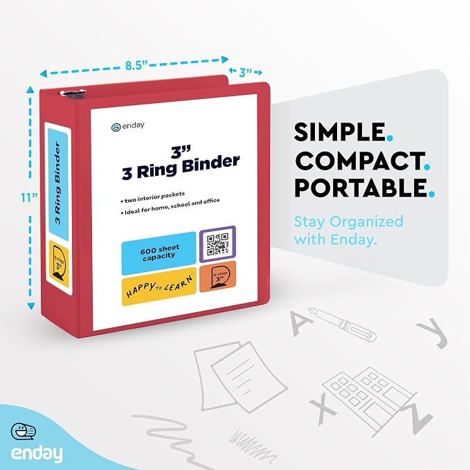 Enday 3 Inch Binder Red 3 Ring Binder 3 Inch, Heavy Duty Three Ring Binder, 600 Sheets Capacity - 3 Inch Binder for Home School and Office