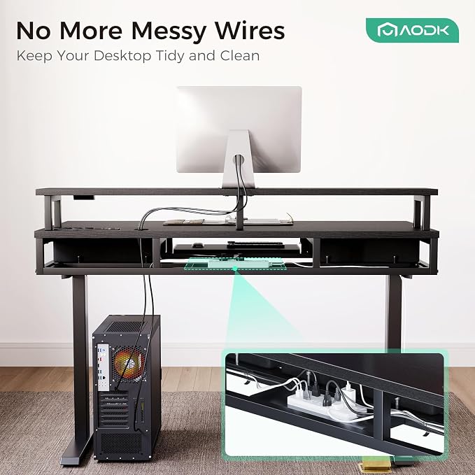 AODK 63 Inch Electric Standing Desk with Drawers & Keyboard Tray, Black | Power Outlet, LED Lights, Monitor Stand, Cable Management Tray, 3 Memory Heights, 29.9"-46.1" in Range