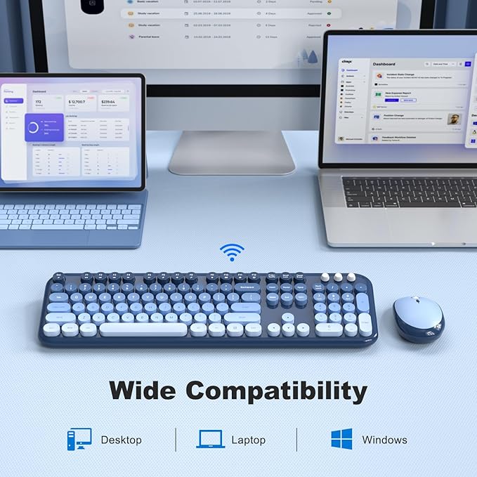 MOFII Wireless Keyboard and Mouse Combo, Full Size 2.4G Retro Round Computer Keyboard and Mouse Set, Plug and Play, for Windows, Computer, Desktop, PC, Notebook - (Sea Blue Gradient)