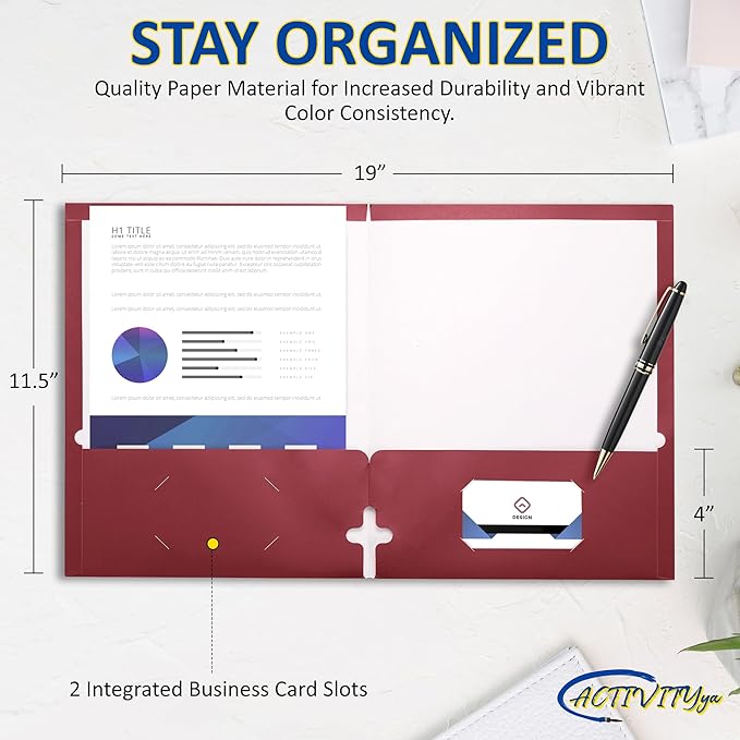 10 Pack Two Pocket Folders, Burgundy, Strong Thick Paper Folders, for Letter Size, by ACTIVITYya