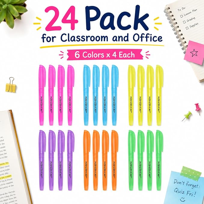 Highlighters Assorted Colors, 24 Pack Bulk Highlighters | with Chisel Tip, Colored Highlighter Markers for Teacher Supplies, Office and Notes, Back to School, Classroom Must Have