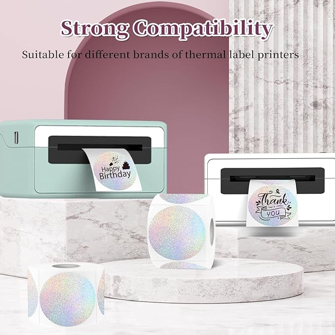 2 Inch Holographic Thermal Labels,Sliver Round Thermal Printer Labels,Printable Round Thermal Printer Labels Self-Adhesive Direct Thermal Label(300 Labels/Roll Sliver)