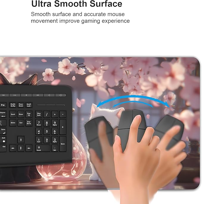 Cute Anime Black&White Cat Gaming Mouse Pad, Pink Dreamy Desk Mat with Anti-Slip Base & Stitched Edges,35.4" x 15.7" in Table Mat for Computer Desktop, Beautiful Workstation Decor
