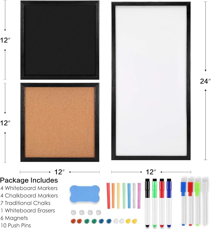 3 in 1 Combination Board 3 Pack, Natural Black Wood Frame, 12"x12", 24"x12" | Freely Mountable Set Includes Dry Erase Whiteboard, Chalkboard & Cork Bulletin Board for Home & Office