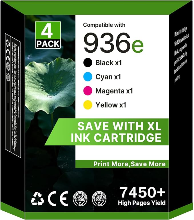 936 936E 936XL Ink Cartridges for 9125e Printer Black Cyan Magenta Yellow | for Ink 936 936E 936XL for 9125e 9120e 9730e 9130 9135e 9122e 9128e 9110b 9120b Printer 4 Pack with Chip