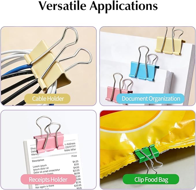 Binder Clips Assorted Sizes, Durable Metal Binder Clips for Office, Cute Desk Supplies for Teachers Student (60, Colorful)